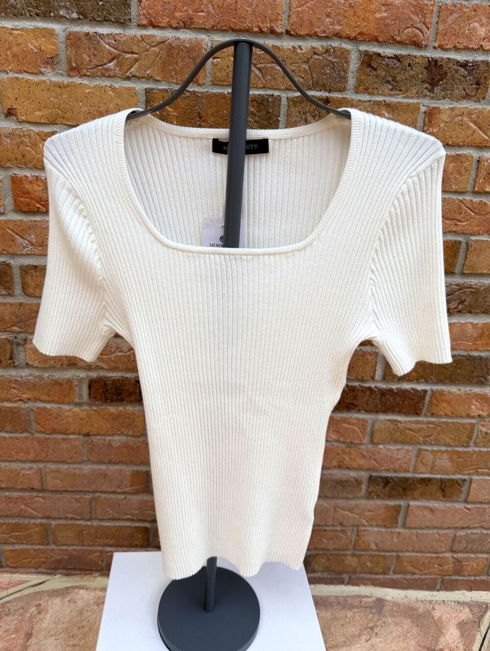 MEROKEETY Women’s Ribbed Square Neck Short Sleeve Knit Top White L NWT